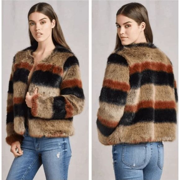 Anthro Tularosa Harkin Black Brown Faux Fur Striped Jacket, Sz Small, MSRP $398 - Picture 1 of 9